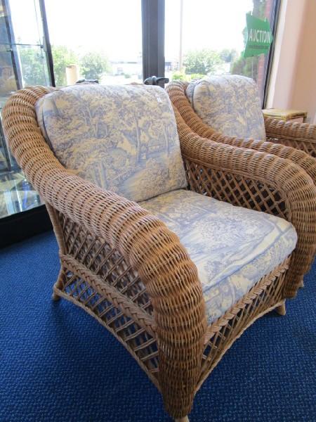 Pair - Wicker/Lattice Design Deck Chairs w/ Blue Cottage Motif Upholstery