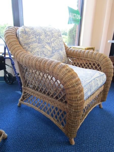 Pair - Wicker/Lattice Design Deck Chairs w/ Blue Cottage Motif Upholstery