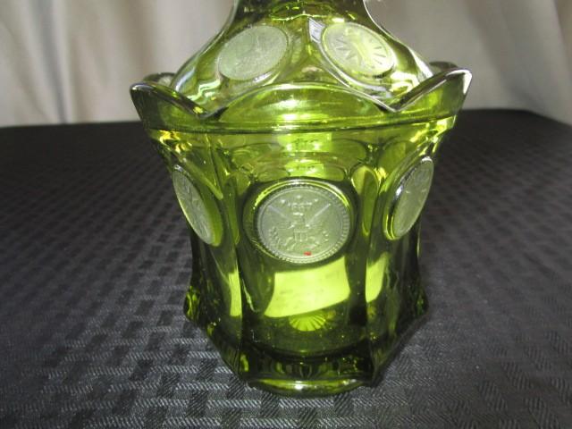 Vintage Green Fostoria 2 Coin Covered Candy Jar 1887 Solider Eagle/Liberty Torch Pattern