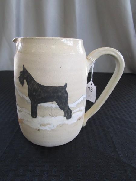 Studio Pottery Pitcher w/ Hand Painted Wicker Scene Schnauzer