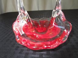 Red Floral Art Glass Hand Made Zimmerman Basket w/ Signed Base