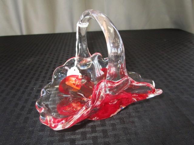 Red Floral Art Glass Hand Made Zimmerman Basket w/ Signed Base