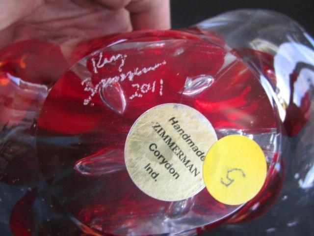 Red Floral Art Glass Hand Made Zimmerman Basket w/ Signed Base