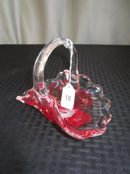 Red Floral Art Glass Hand Made Zimmerman Basket w/ Signed Base