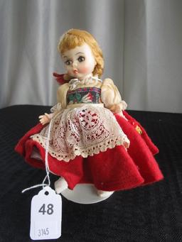 Madame Alexander "Switzerland" Doll Plastic Face/Feet/Cloth Body Red Dress w/ Stand