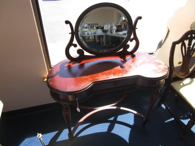 The Bombay Co. Cherry Wood Veneer Vanity Curled/Ornate Arm w/ Oval Mirror