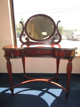 The Bombay Co. Cherry Wood Veneer Vanity Curled/Ornate Arm w/ Oval Mirror