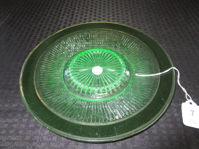 Uranium Glass Plate Ribbed w/ Star-Cut Center, Gilted Trim