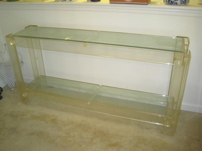 Awesome Mid-Century Modern Acrylic Console Table w/ Base Shelf & Beveled Edges