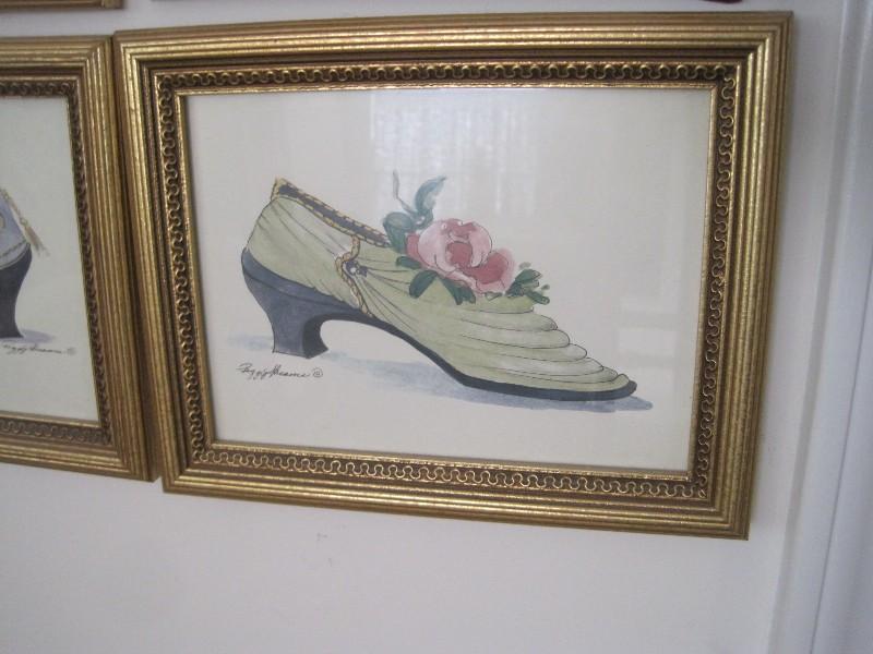 Set - 4 Ladies Fashion Shoes/2 Hats Prints in Reed Design Gilted Patina Frames & Bow