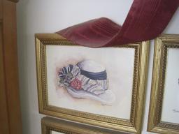 Set - 4 Ladies Fashion Shoes/2 Hats Prints in Reed Design Gilted Patina Frames & Bow