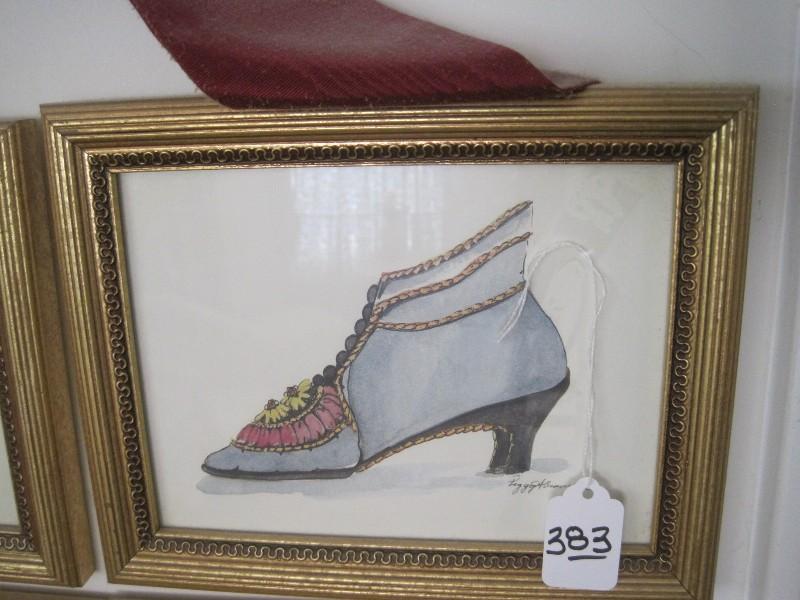Set - 4 Ladies Fashion Shoes/2 Hats Prints in Reed Design Gilted Patina Frames & Bow