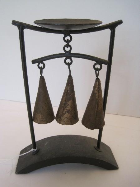 Black Wrought Base Stand w/ 3 Cone Shape Bells, Small Handle Copper Pot