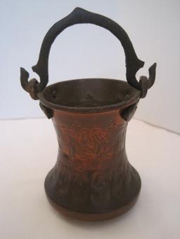 Black Wrought Base Stand w/ 3 Cone Shape Bells, Small Handle Copper Pot