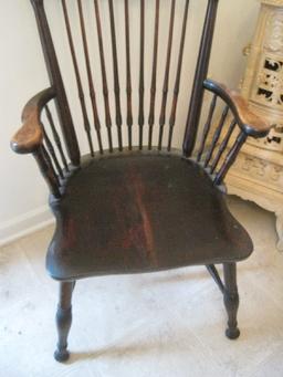 Dark Stain Spindle Pressed Back Curved Arm Chair