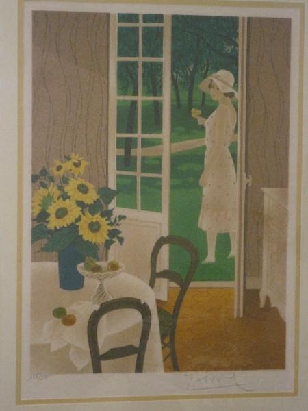 Summer Days Woman Standing on Lawn French Doors Open, Artist Signed