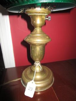Brass Spindle Body w/ Green Ribbed Shade/Hurricane Glass Lamp