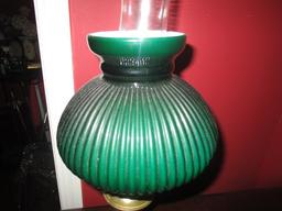 Brass Spindle Body w/ Green Ribbed Shade/Hurricane Glass Lamp