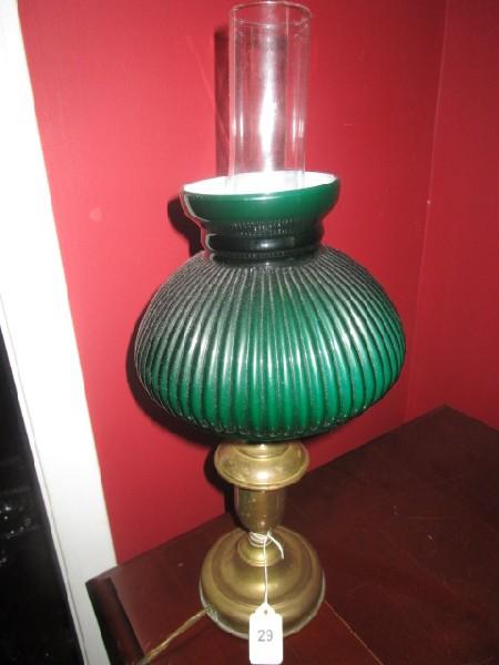 Brass Spindle Body w/ Green Ribbed Shade/Hurricane Glass Lamp