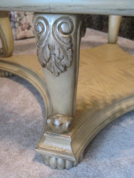 Classic Antiqued Patina Round Cocktail Table w/ Beveled Glass Insert, Gilted Acanthus Leaves