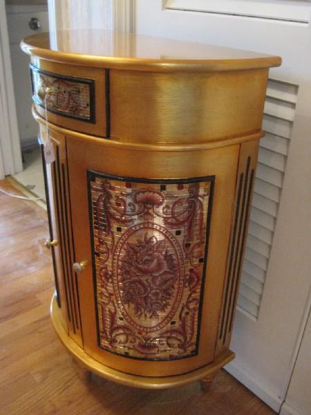 Demi-Lune Cabinet w/ Mirrored Mosaic Floral Spray Design 2-Over-1 Gold Leaf Patina