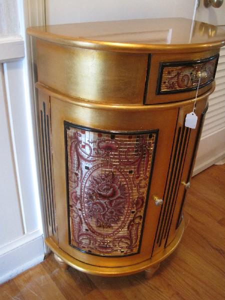 Demi-Lune Cabinet w/ Mirrored Mosaic Floral Spray Design 2-Over-1 Gold Leaf Patina