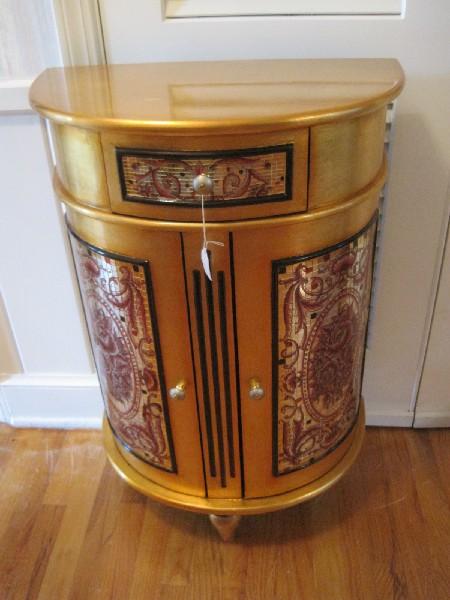 Demi-Lune Cabinet w/ Mirrored Mosaic Floral Spray Design 2-Over-1 Gold Leaf Patina