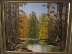 Fall Woodland w/ Stream Oil on Canvas Artist Signed