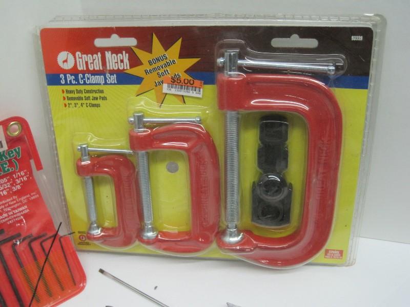 Lot - Great Neck 3 Piece C-Clamp Set NIP, KMC Corner 3" Capacity Clamp NIP