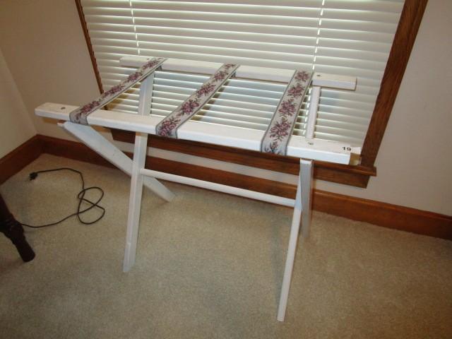 White Wood Fold-Out Luggage Rack Rose Motif Straps