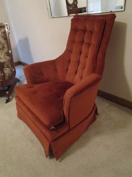 Red Upholstered Pin-Back Rocking Chair, Narrow Top to Curved Arms