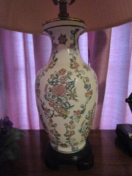 Ceramic Cream/Rose/Vine Motif Lamps Wide Body, Narrow Neck w/ Wood Base