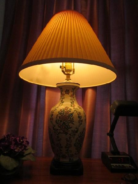 Ceramic Cream/Rose/Vine Motif Lamps Wide Body, Narrow Neck w/ Wood Base