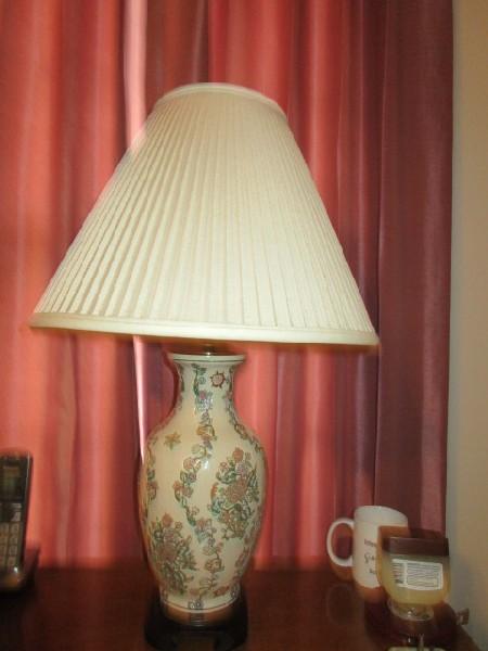 Ceramic Cream/Rose/Vine Motif Lamps Wide Body, Narrow Neck w/ Wood Base