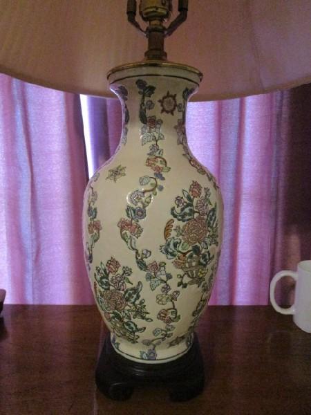 Ceramic Cream/Rose/Vine Motif Lamps Wide Body, Narrow Neck w/ Wood Base