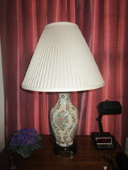 Ceramic Cream/Rose/Vine Motif Lamps Wide Body, Narrow Neck w/ Wood Base