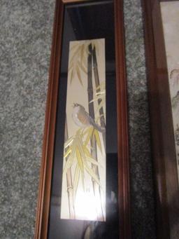 Lot - 3D Artwork Asian Mountain Scene in Wood Frame/Matt, Gilded/Metal Bird