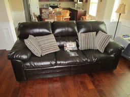 Black Leather Upholstered 3-Seat Sofa Wood Frame, Bracket Feet w/ Cushions
