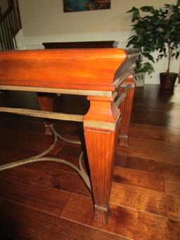 Wooden Side Table, Scalloped Narrow-To-Wide Columns, Metal Carved Stretches, Glass Top