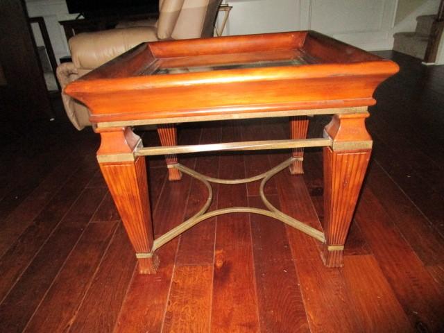 Wooden Side Table, Scalloped Narrow-To-Wide Columns, Metal Carved Stretches, Glass Top