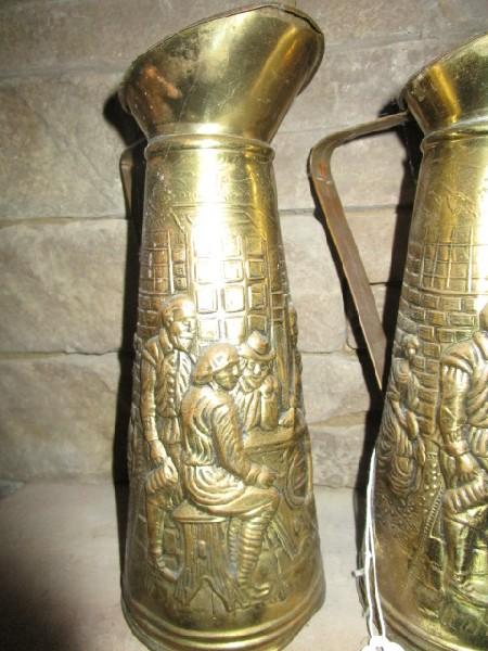 Pair - Brass Pitchers w/ German Printing Scene Design