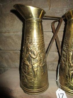 Pair - Brass Pitchers w/ German Printing Scene Design