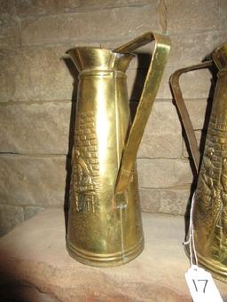 Pair - Brass Pitchers w/ German Printing Scene Design