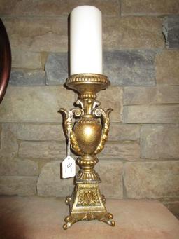 Metal Urn Design Candle Holder w/ Ornate Handles/Scalloped Base w/ Candle