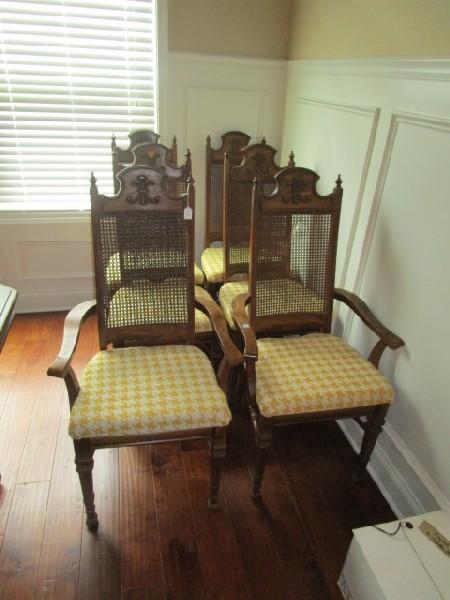 6 Dining Chairs Wicker Back w/ Yellow Upholstered Seats Wooden w/ Arched Top