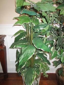 Lot - Grey Ceramic Planter 9 1/2" H w/ Faux Plant & Wicker Basket w/ Faux Ficus Tree, Total 4' Tall