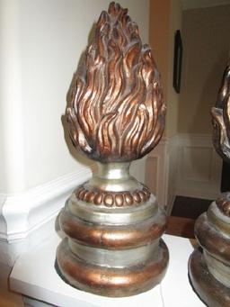 Pair - Flame Design Ceramic Décor Pieces on Beaded Base Silvered/Antiqued Patina