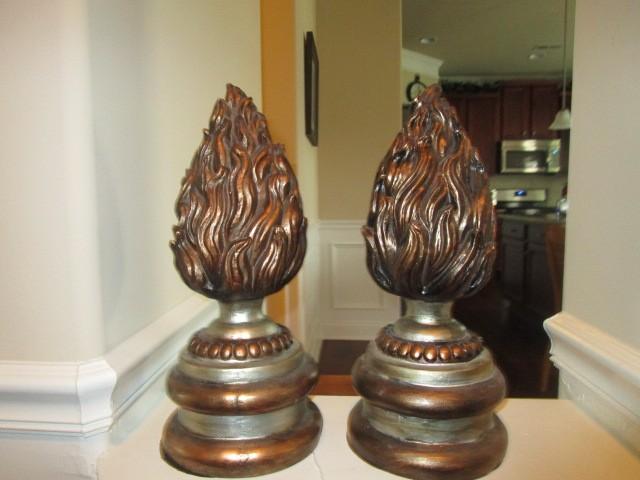 Pair - Flame Design Ceramic Décor Pieces on Beaded Base Silvered/Antiqued Patina