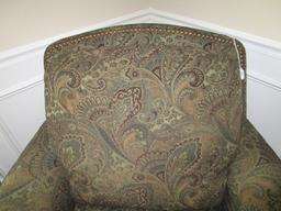 Green Paisley Patterned Arm Chair w/ Brass Pinned Back/Arms, Wood Black Feet