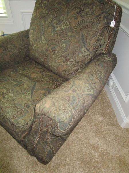 Green Paisley Patterned Arm Chair w/ Brass Pinned Back/Arms, Wood Black Feet